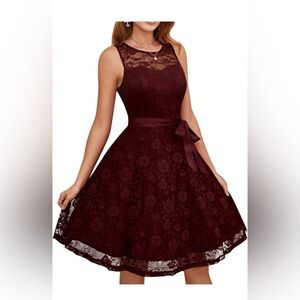 Sleeveless Lace Midi Dress with Satin Ribbon in Wine